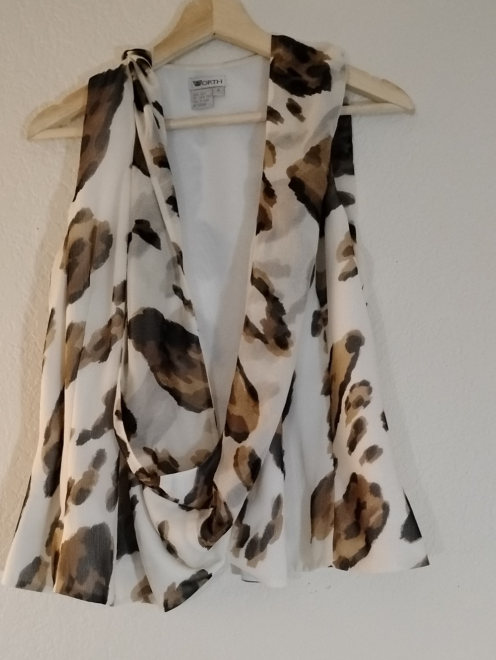 100% SILK Cream Brown & Black Animal Print Sleeveless Wrap Top